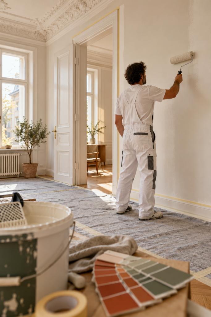 Malermeister streicht eine Wand in einer hellen Altbauwohnung in Kassel, Parkett mit Malervlies abgedeckt